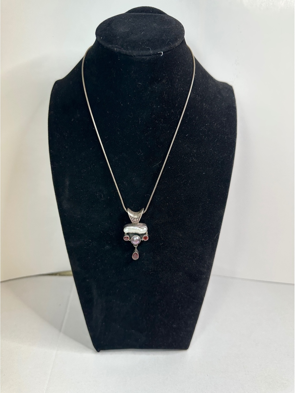 Sterling Silver Pearl Garnet Gemstone Artisan Pendant Necklace 31”